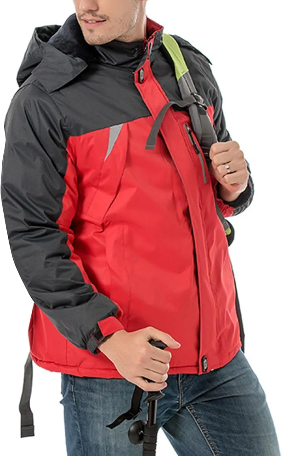 Mens Waterproof Rain Jacket Outdoor Warm Fleece Detachable Hood Windbreaker Plus Size Color Block Coats with Pockets