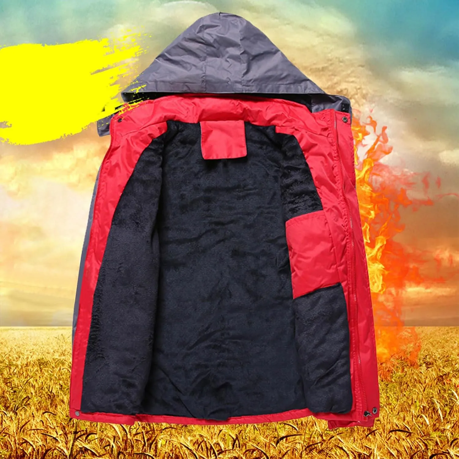 Mens Waterproof Rain Jacket Outdoor Warm Fleece Detachable Hood Windbreaker Plus Size Color Block Coats with Pockets