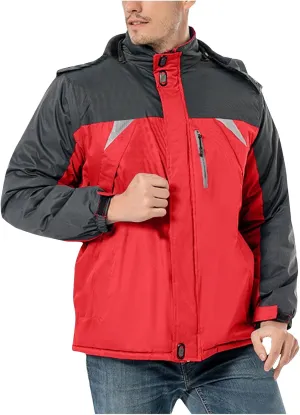 Mens Waterproof Rain Jacket Outdoor Warm Fleece Detachable Hood Windbreaker Plus Size Color Block Coats with Pockets