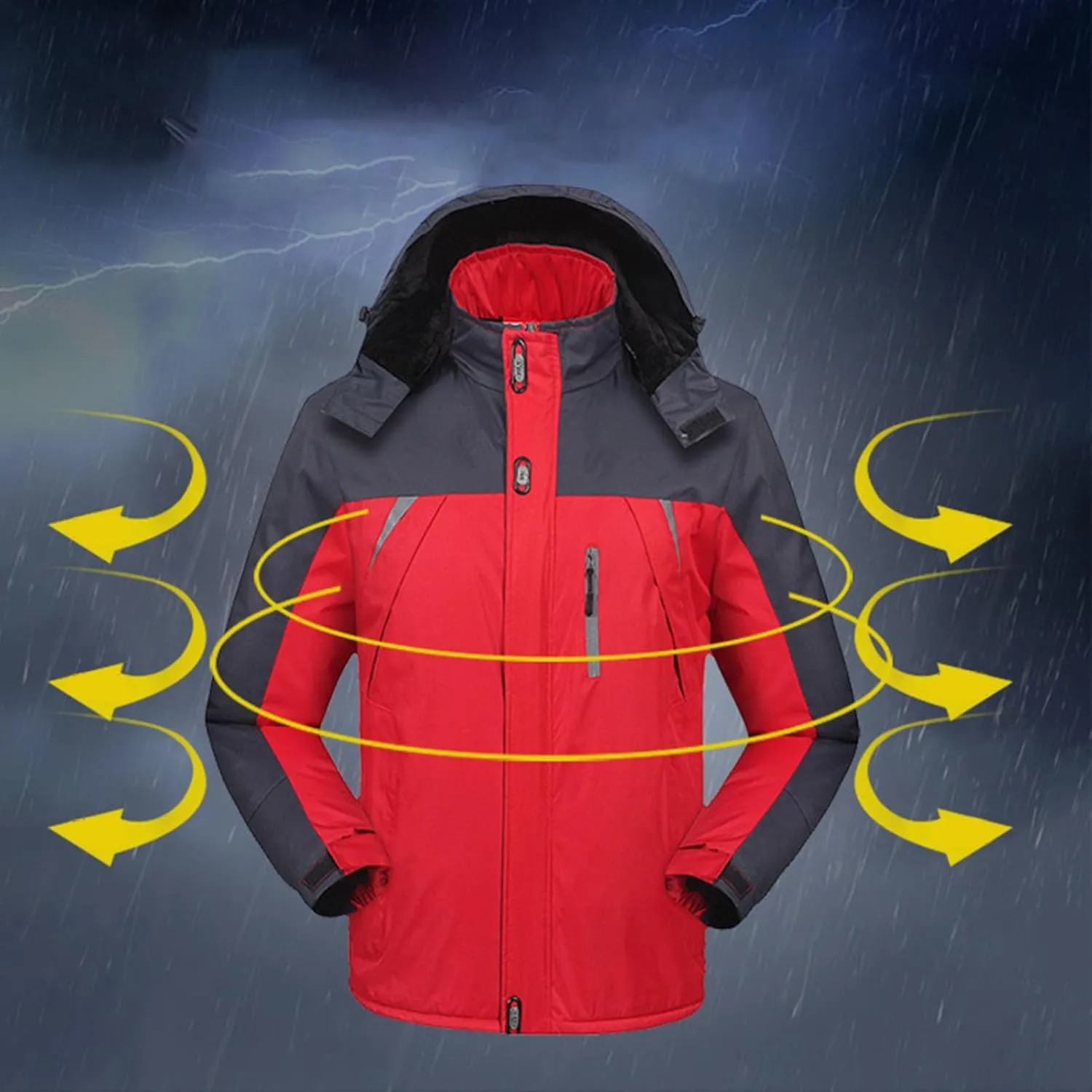 Mens Waterproof Rain Jacket Outdoor Warm Fleece Detachable Hood Windbreaker Plus Size Color Block Coats with Pockets