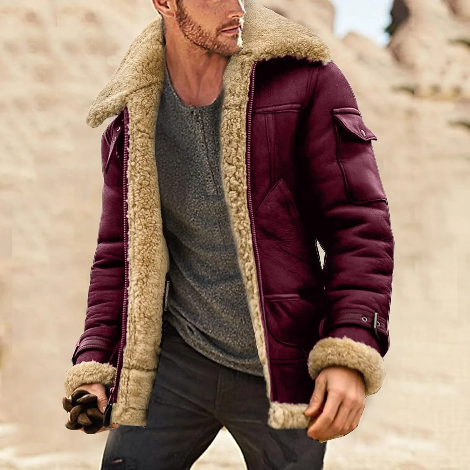 Mens Winter Coats, Men's Lamb Wool Bomber Coat Faux Leather Sherpa Fleece Lined Jacket Heavyweight Sheepskin Jackets