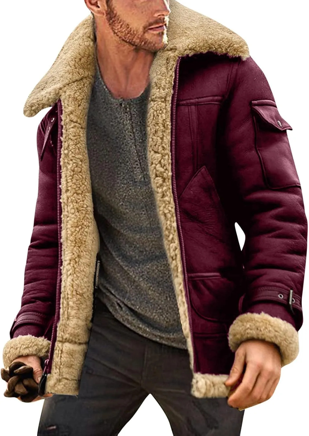 Mens Winter Coats, Men's Lamb Wool Bomber Coat Faux Leather Sherpa Fleece Lined Jacket Heavyweight Sheepskin Jackets