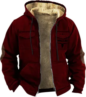 Men'S Winter Coats Plus Thickened Pocket Western Cowboy Printed Hooded Warm Cotton Jacket Fleece Sherpa Lineed