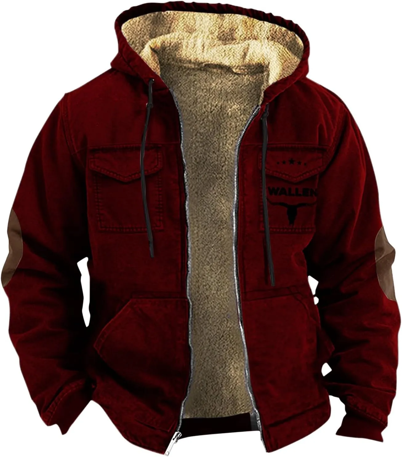 Men'S Winter Coats Plus Thickened Pocket Western Cowboy Printed Hooded Warm Cotton Jacket Fleece Sherpa Lineed