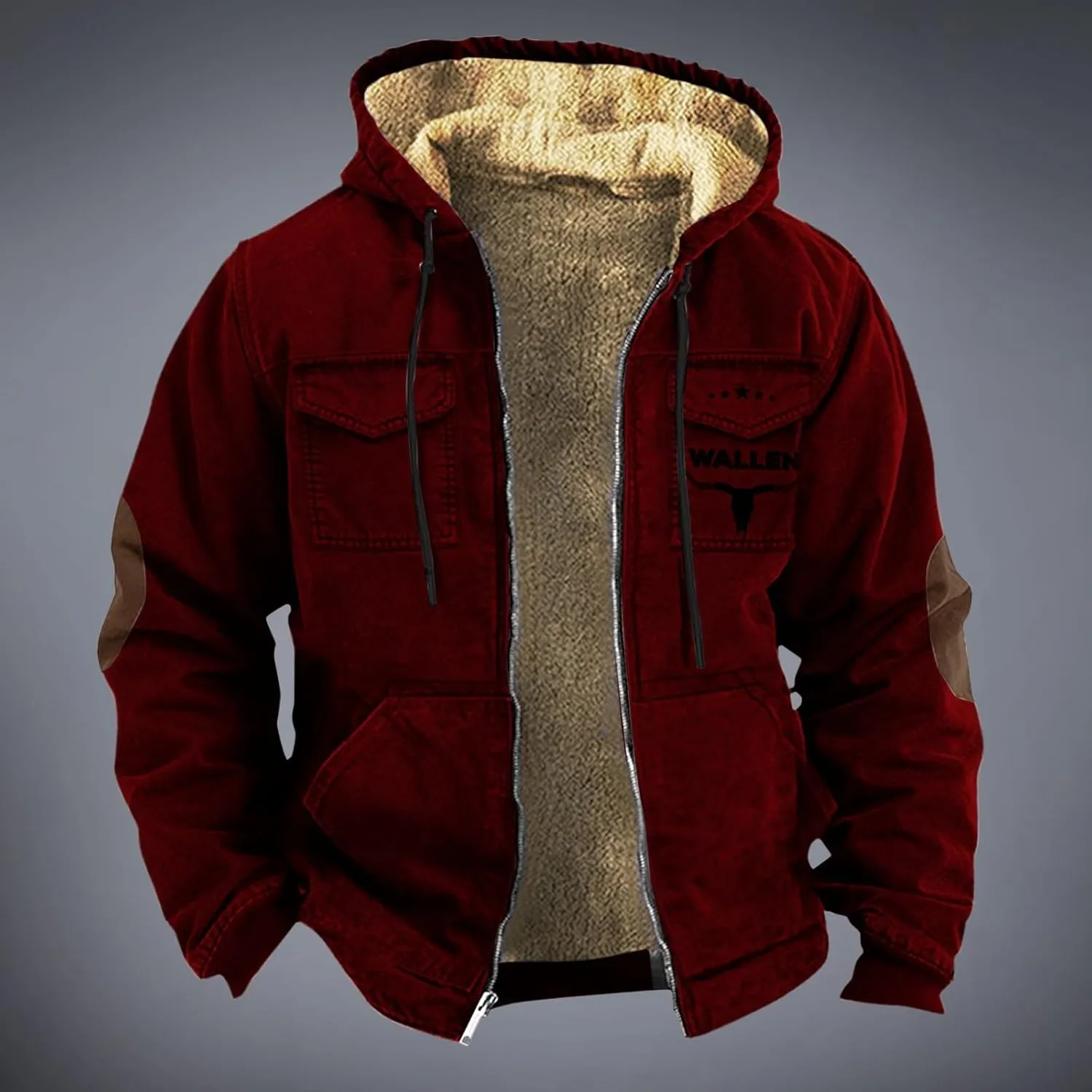Men'S Winter Coats Plus Thickened Pocket Western Cowboy Printed Hooded Warm Cotton Jacket Fleece Sherpa Lineed