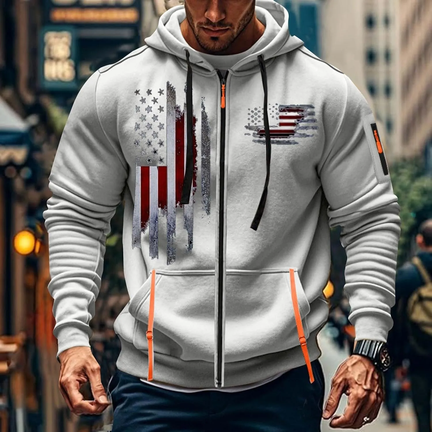 Mens Zip Up USA Flag Print Hoodies Casual Long Sleeve Drawstring Shirts Comfort Patriotic Sweatshirt with Pockets