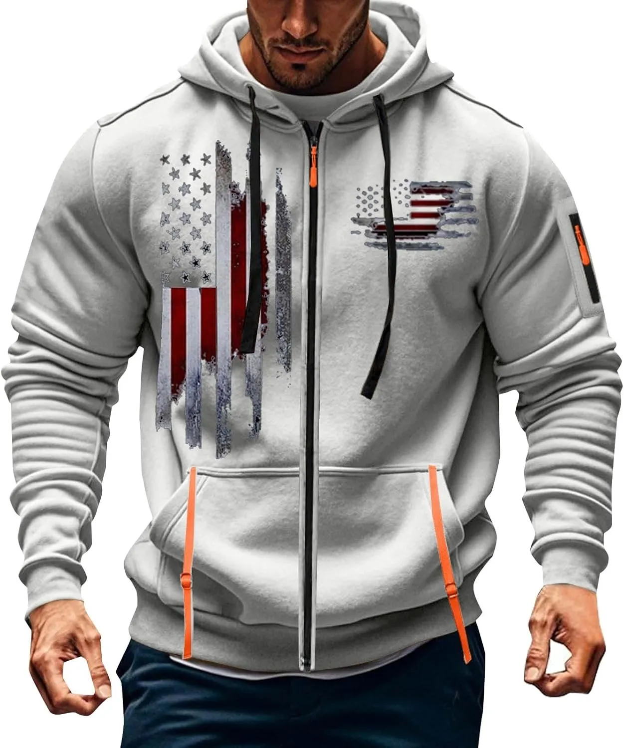 Mens Zip Up USA Flag Print Hoodies Casual Long Sleeve Drawstring Shirts Comfort Patriotic Sweatshirt with Pockets