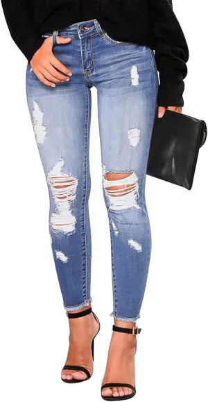 midelxp Ripped Jeans Womens Stretchy Skinny Low Rise Jeans Distressed Boyfriend Denim Pants Ripped Leggings with Pockets