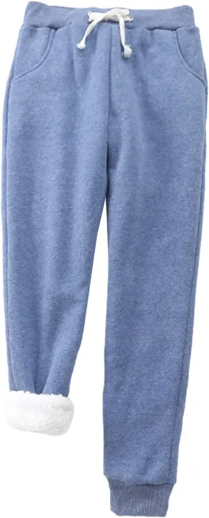 Miyaomn Winter Soft Comfy Warm Joggers for Women Plush Fleece Lined Drawstring Waisted Ankle Cuffed Lounge Pants with Pockets(Blue,Small)
