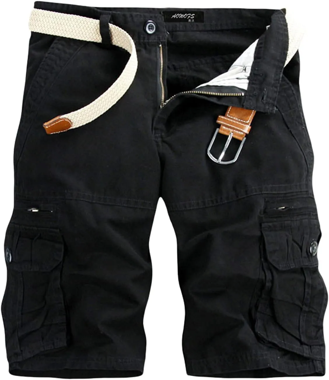 Muscularfit Mens Shorts Regular Fit Buckle Zipper Multi Pockets Cargo Shorts Summer Tooling Shorts Solid Work Utility Shorts