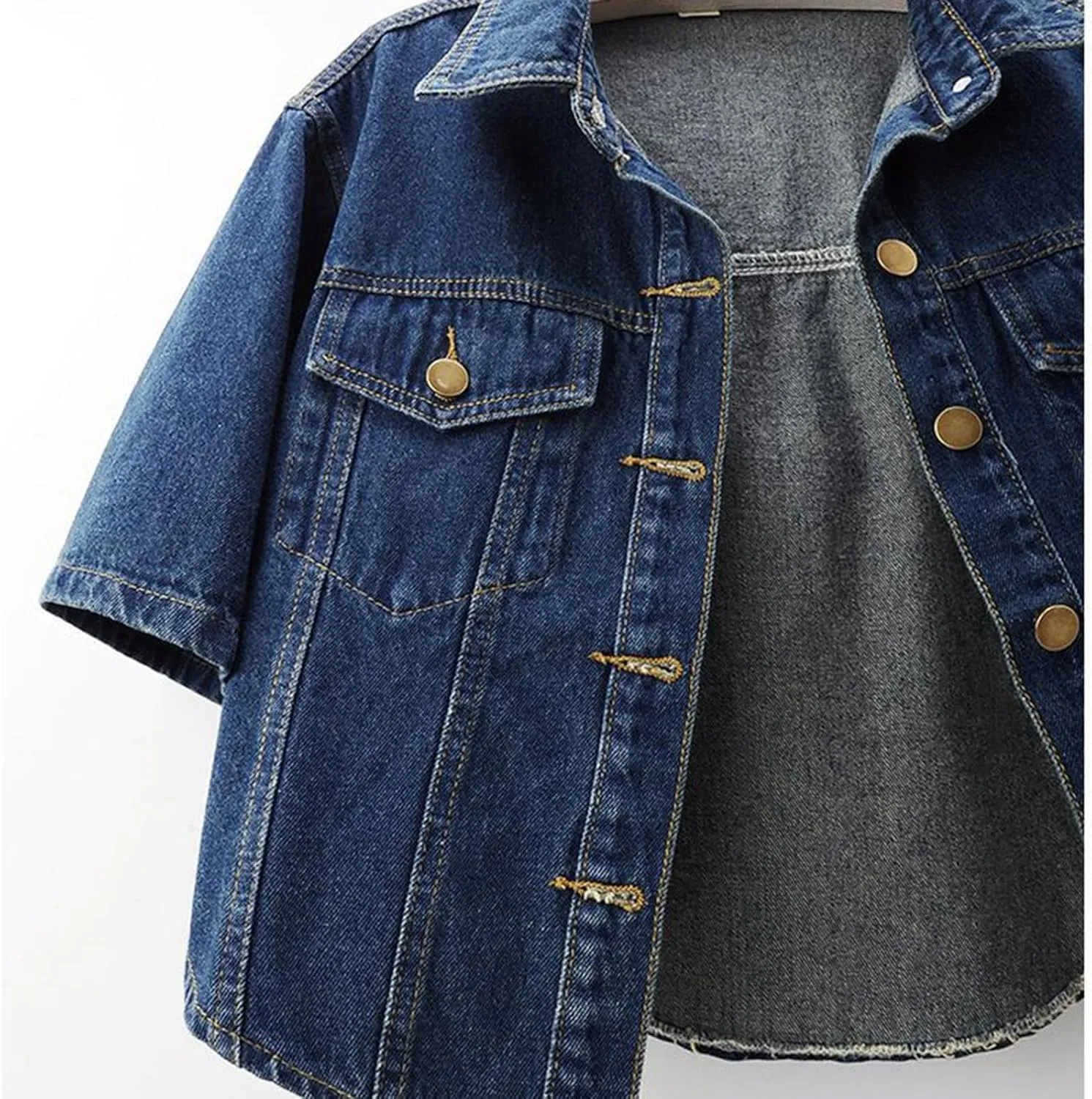 Mzkdieey Women Short Sleeve Denim Jacket Lapel Button Down Shawl Jean Jacket Casual Cropped Trucker Jean Jackets Coats