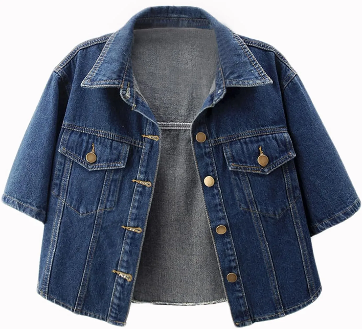 Mzkdieey Women Short Sleeve Denim Jacket Lapel Button Down Shawl Jean Jacket Casual Cropped Trucker Jean Jackets Coats