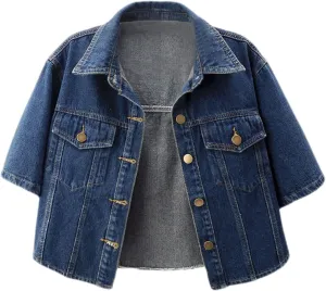 Mzkdieey Women Short Sleeve Denim Jacket Lapel Button Down Shawl Jean Jacket Casual Cropped Trucker Jean Jackets Coats