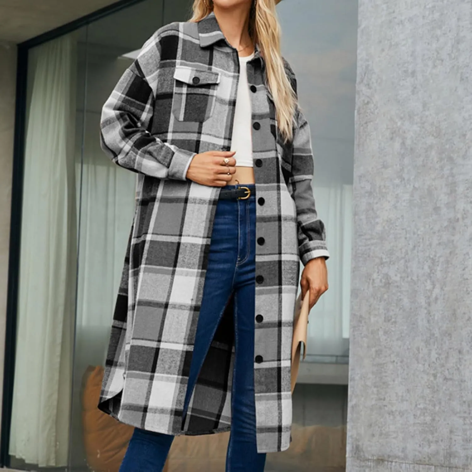NATHGAM Women Long Jacket Oversized Casual Trendy Pea Coat Plaid Button Down Wool Shacket Lapel Flannel Winter Warm Outerwear