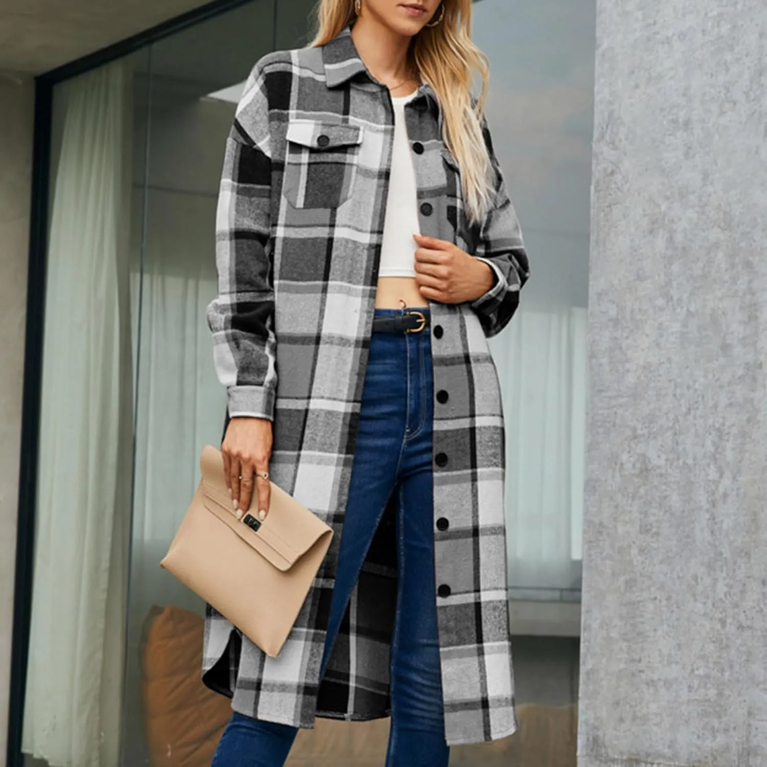 NATHGAM Women Long Jacket Oversized Casual Trendy Pea Coat Plaid Button Down Wool Shacket Lapel Flannel Winter Warm Outerwear