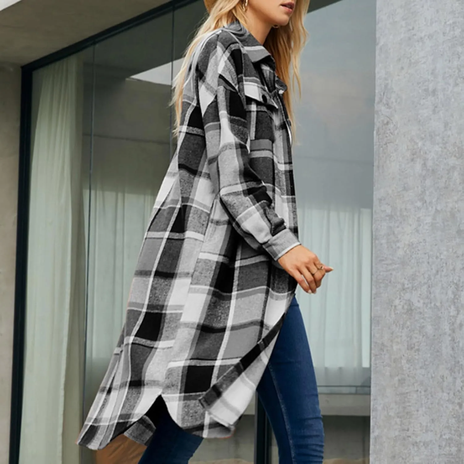 NATHGAM Women Long Jacket Oversized Casual Trendy Pea Coat Plaid Button Down Wool Shacket Lapel Flannel Winter Warm Outerwear