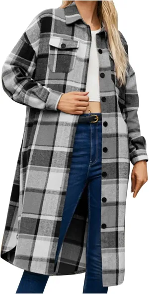 NATHGAM Women Long Jacket Oversized Casual Trendy Pea Coat Plaid Button Down Wool Shacket Lapel Flannel Winter Warm Outerwear