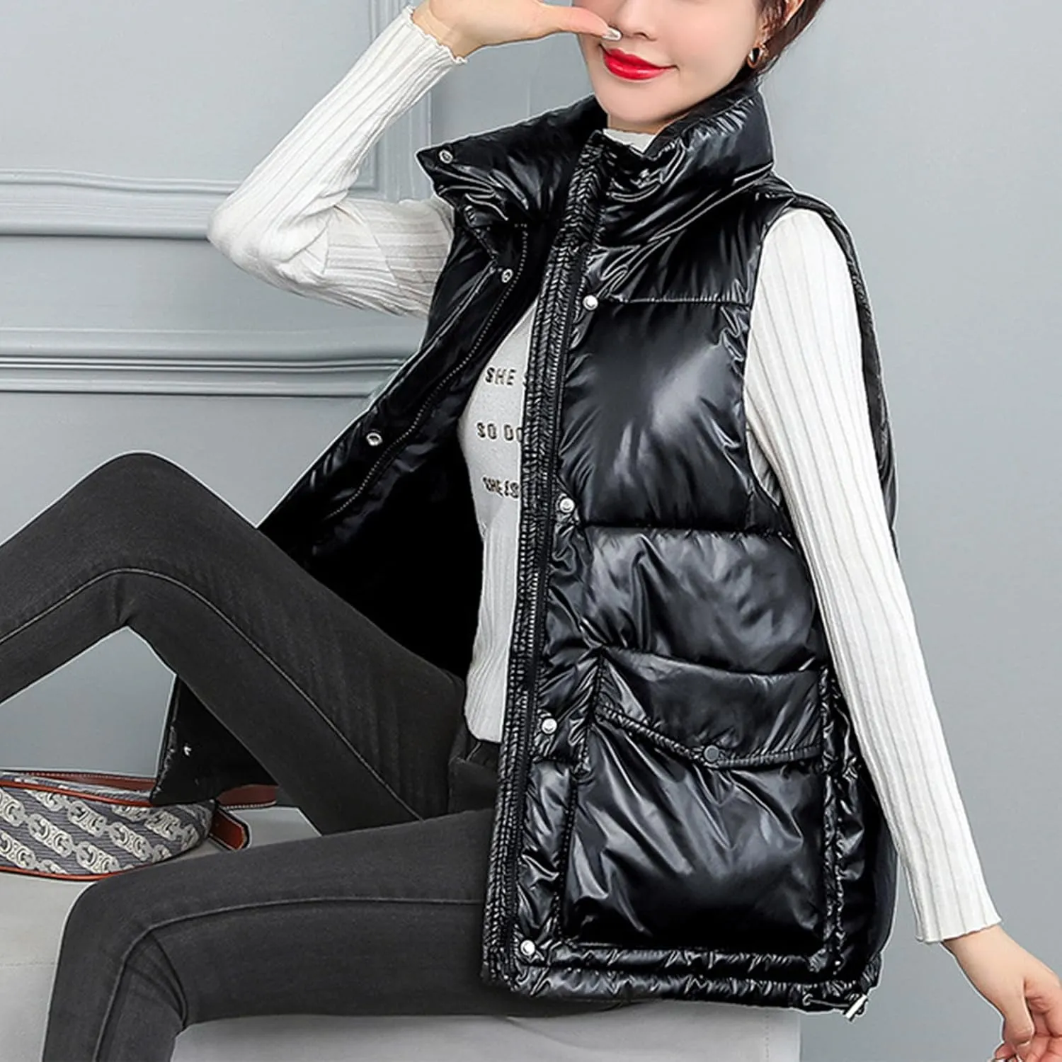 Oplxuo Women's Metallic Down Jacket Shiny Puffer Vest, Sleeveless Stand Collar Zip Up Coat Winter Warm Padded Gilet Jackets