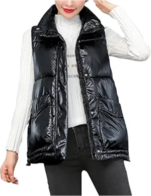 Oplxuo Women's Metallic Down Jacket Shiny Puffer Vest, Sleeveless Stand Collar Zip Up Coat Winter Warm Padded Gilet Jackets