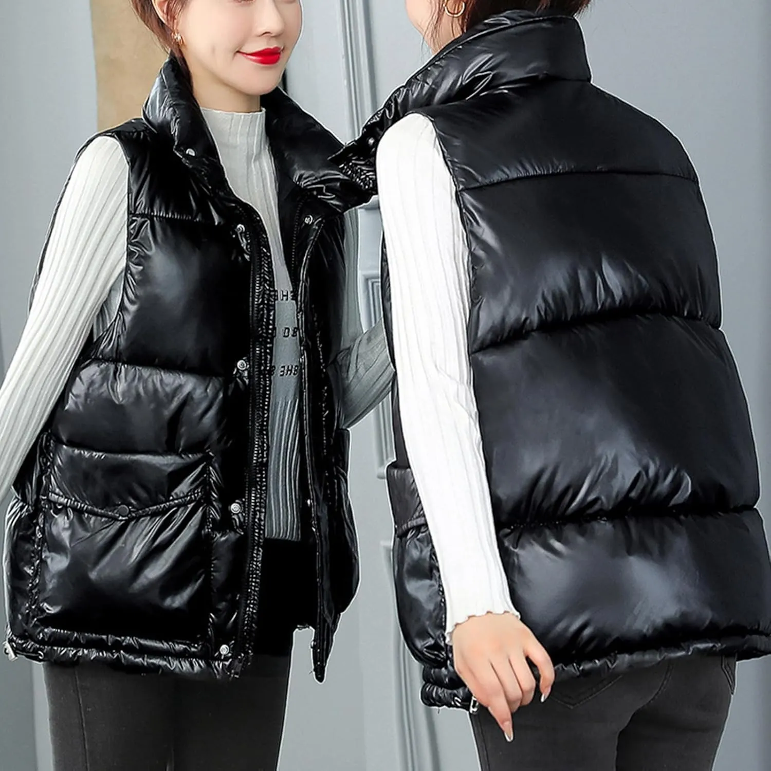Oplxuo Women's Metallic Down Jacket Shiny Puffer Vest, Sleeveless Stand Collar Zip Up Coat Winter Warm Padded Gilet Jackets