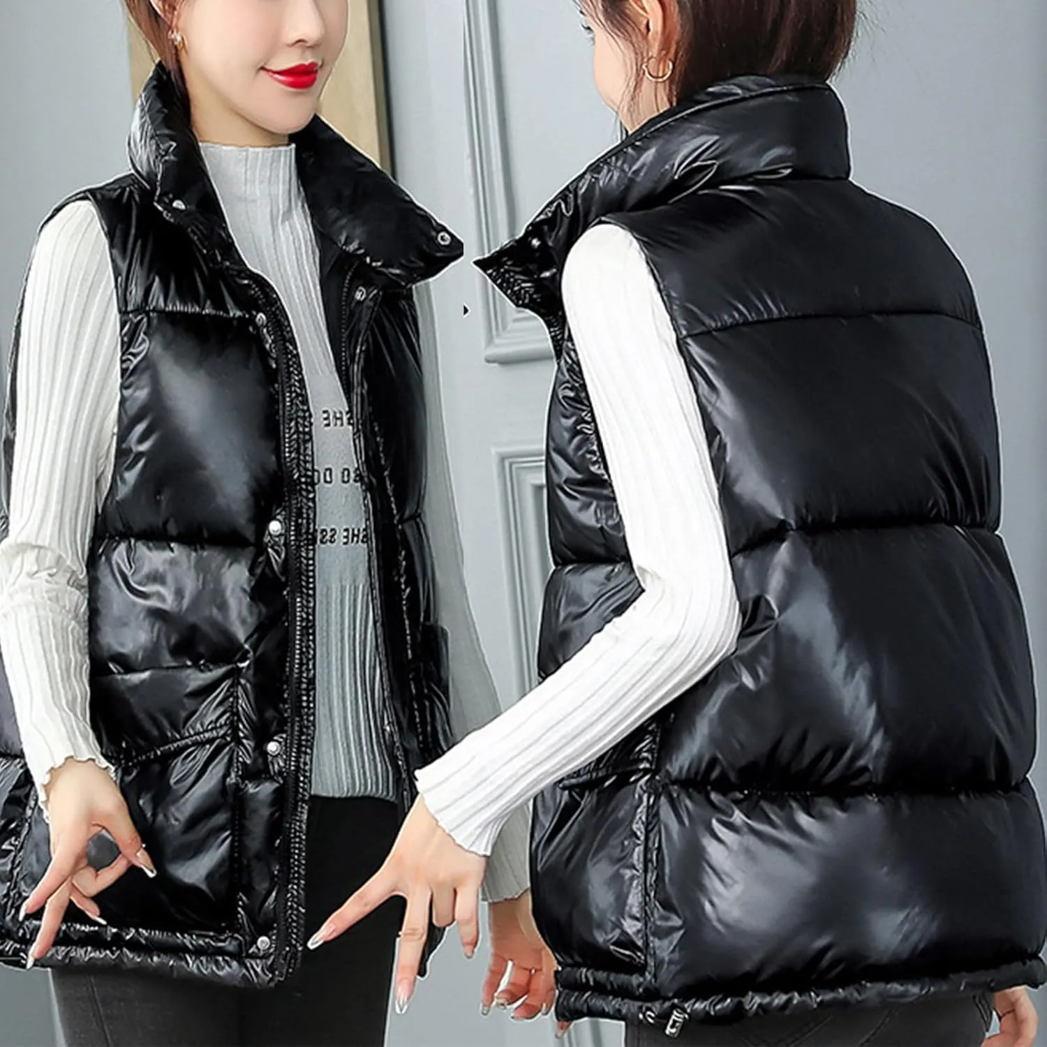 Oplxuo Women's Metallic Down Jacket Shiny Puffer Vest, Sleeveless Stand Collar Zip Up Coat Winter Warm Padded Gilet Jackets