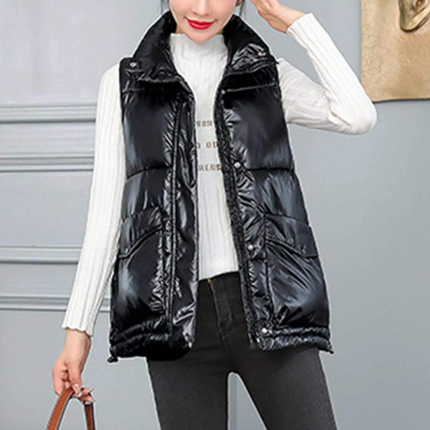 Oplxuo Women's Metallic Down Jacket Shiny Puffer Vest, Sleeveless Stand Collar Zip Up Coat Winter Warm Padded Gilet Jackets