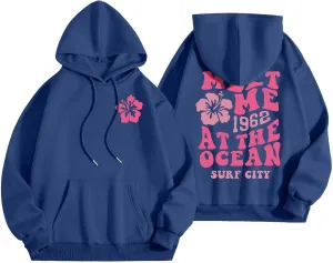 Pink Graphic Hoodies for Women Teen Girls Oversized Cute Preppy Sweatshirts Casual Long Sleeve Pullover Tops with Pockets