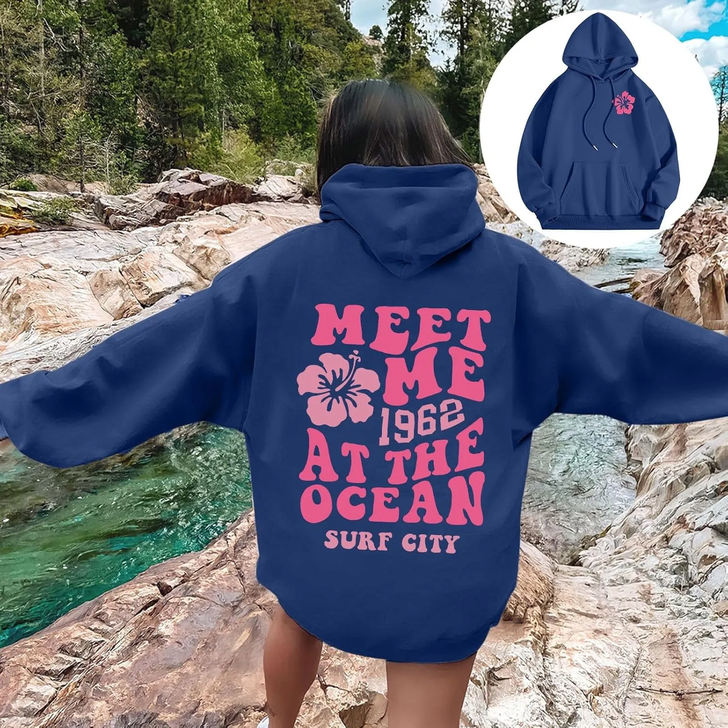 Pink Graphic Hoodies for Women Teen Girls Oversized Cute Preppy Sweatshirts Casual Long Sleeve Pullover Tops with Pockets