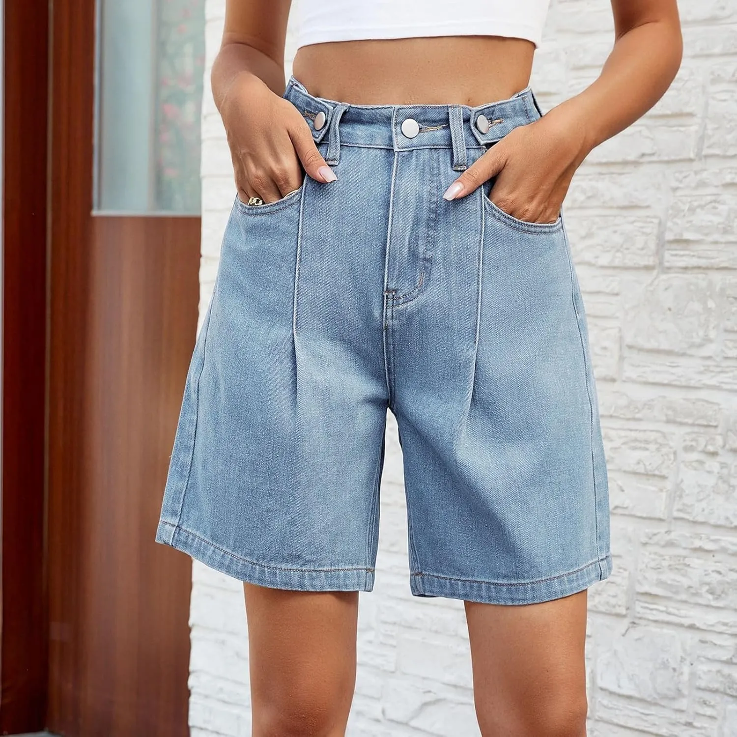 Plus Size Denim Shorts for Curvy Women - Bermuda Mid-Rise Butt Lift Summer Long Denim 5 Inch Inseam with Pockets