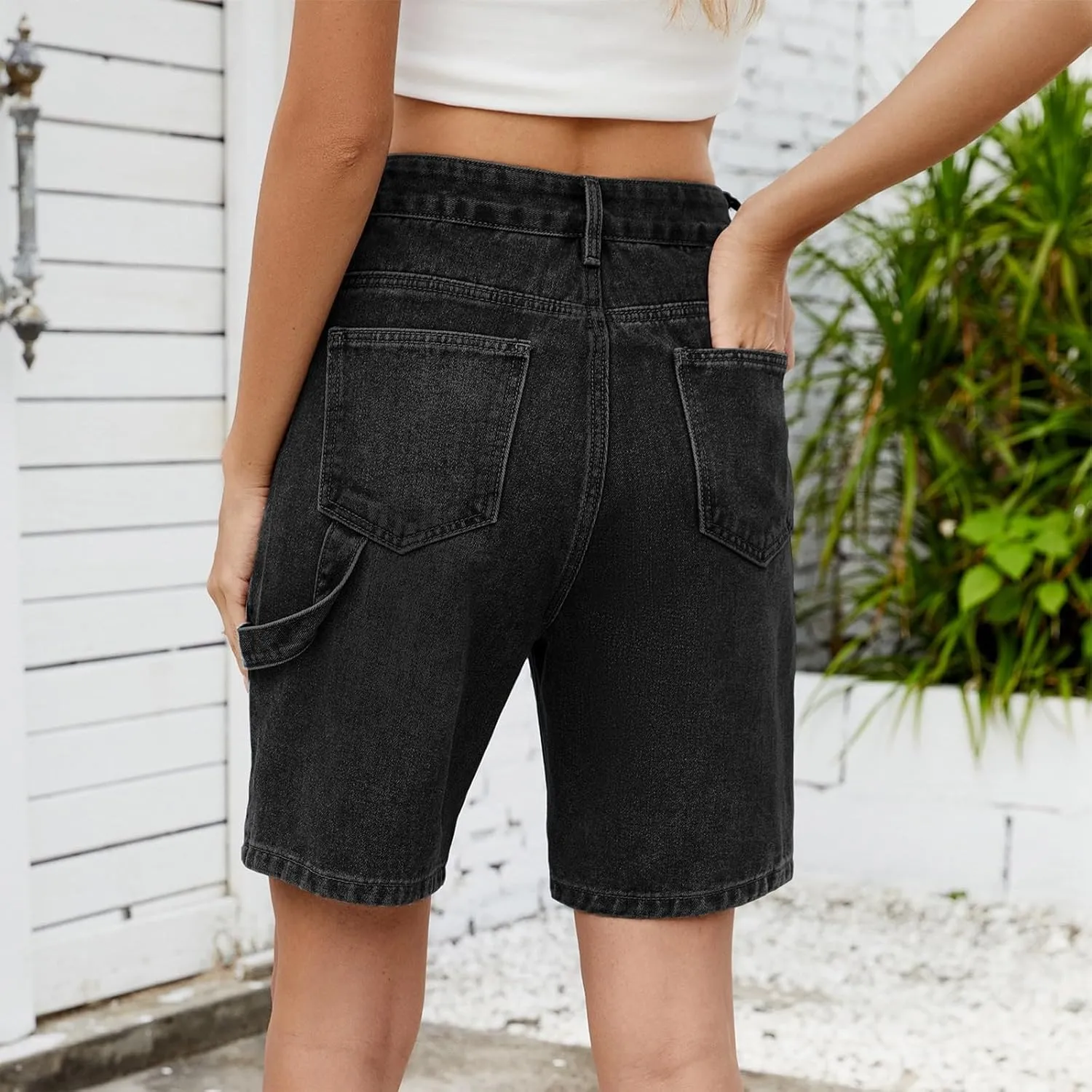Plus Size Denim Shorts for Curvy Women - Bermuda Mid-Rise Butt Lift Summer Long Denim 5 Inch Inseam with Pockets