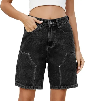 Plus Size Denim Shorts for Curvy Women - Bermuda Mid-Rise Butt Lift Summer Long Denim 5 Inch Inseam with Pockets