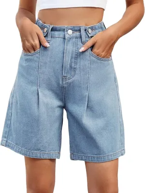 Plus Size Denim Shorts for Curvy Women - Bermuda Mid-Rise Butt Lift Summer Long Denim 5 Inch Inseam with Pockets