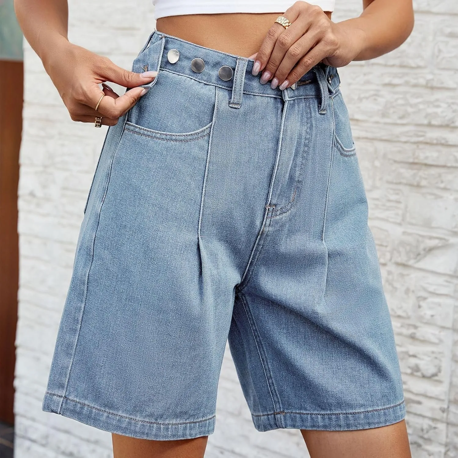 Plus Size Denim Shorts for Curvy Women - Bermuda Mid-Rise Butt Lift Summer Long Denim 5 Inch Inseam with Pockets