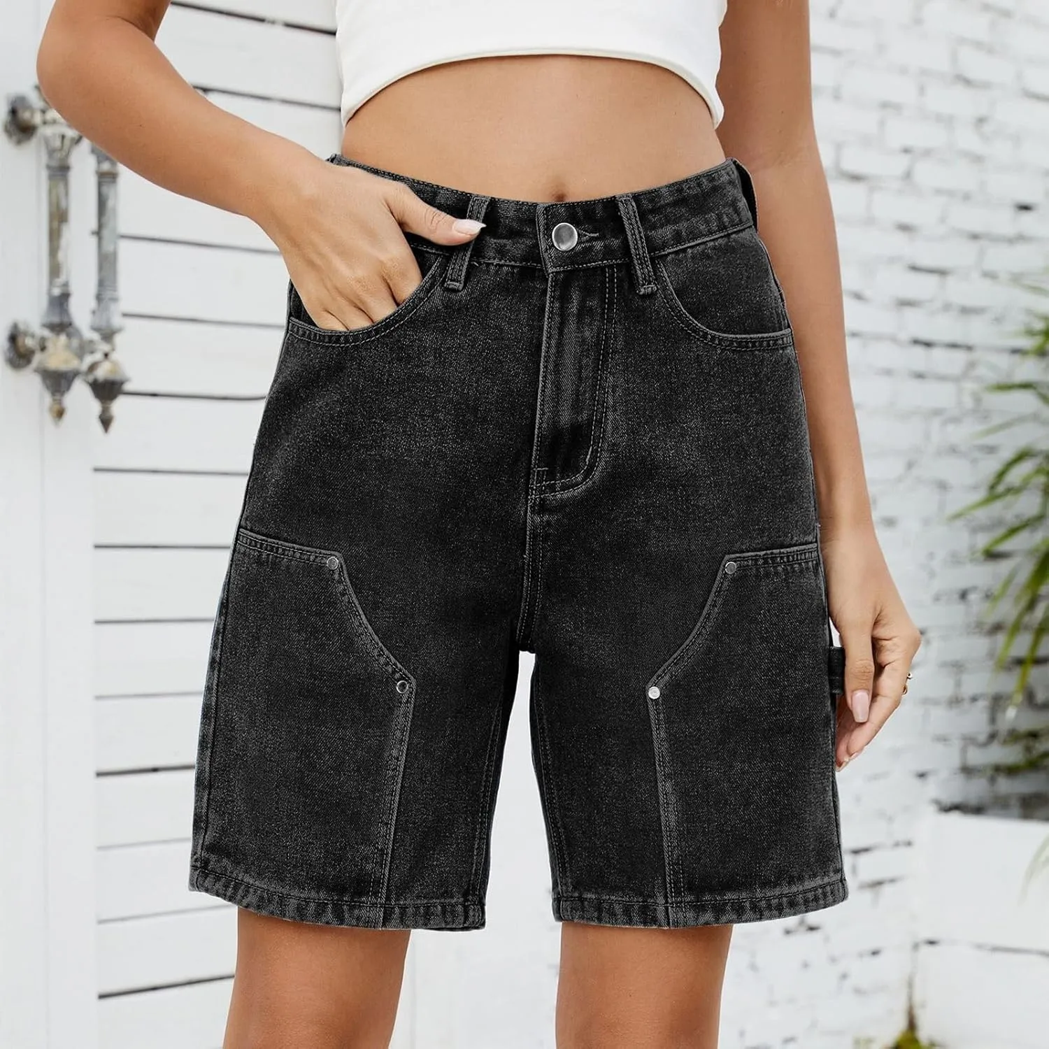 Plus Size Denim Shorts for Curvy Women - Bermuda Mid-Rise Butt Lift Summer Long Denim 5 Inch Inseam with Pockets