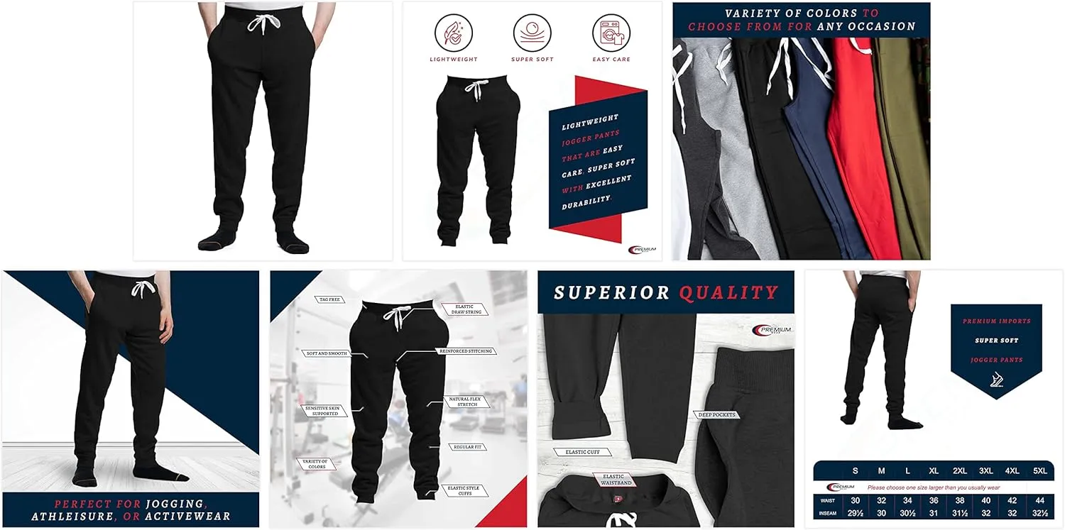 Premium Wear Men’s Jogger Sweatpants - Lightweight, Super Soft, 100% Polyester | Elastic Drawstring, Deep Pockets, Tag-Free