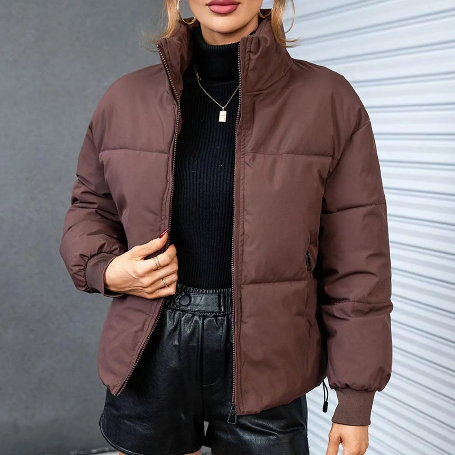 Puffer Jacket Womens 2024 Winter Warm Coat Lightweight Packable Down Jacket Trendy Stand Collar Zipper Outwear