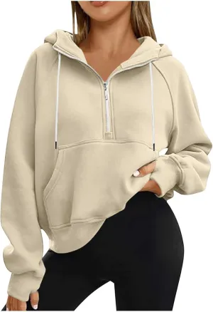 Quarter Zip Up Hoodies for Women Long Sleeve Cropped Sweatshirts Fleece Jackets Half Zip Pullover Fall Outfits 2024