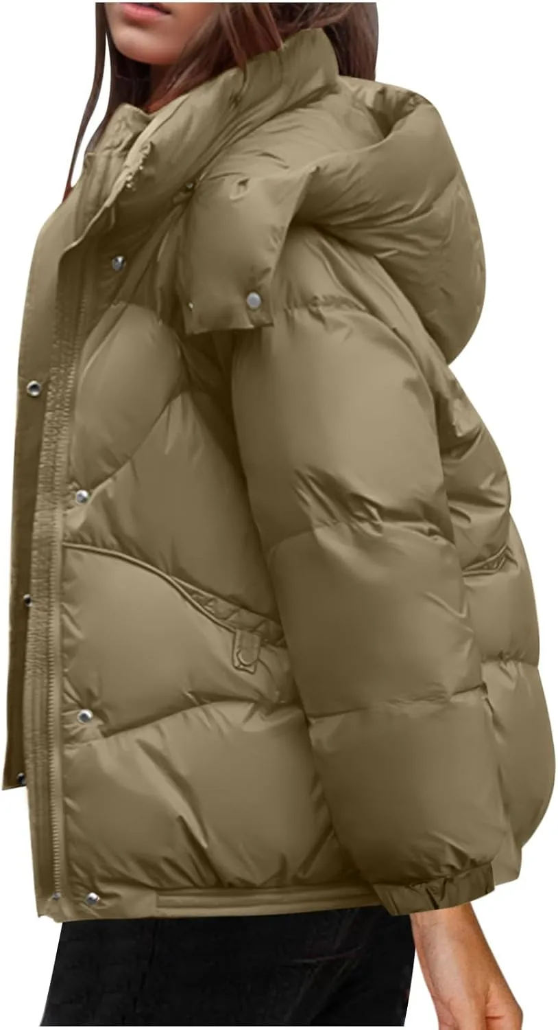 Quilted Jackets for Women Puffy Bubble Puffer Coat Winter Loose Outerwear Warm Down Jackets with Removable Hood