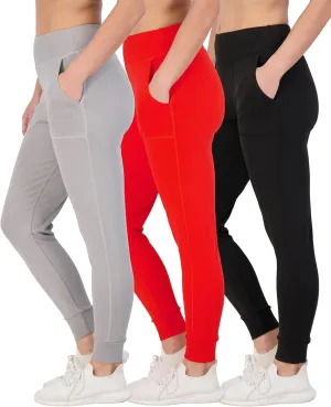 Real Essentials 3 Pack: Women's Joggers with Pockets - High Waist Workout Yoga Tapered Athletic Leggings (Available in Plus)