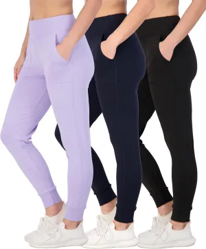 Real Essentials 3 Pack: Women's Joggers with Pockets - High Waist Workout Yoga Tapered Athletic Leggings (Available in Plus)