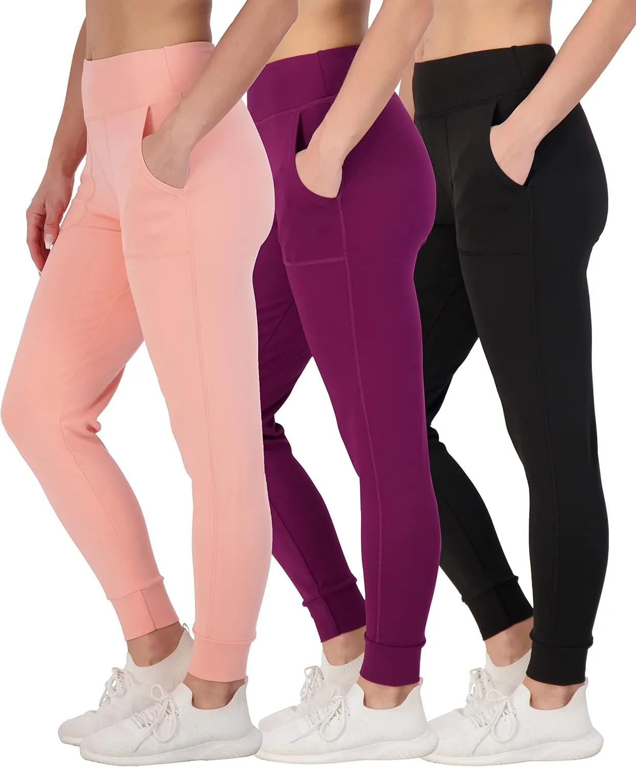 Real Essentials 3 Pack: Women's Joggers with Pockets - High Waist Workout Yoga Tapered Athletic Leggings (Available in Plus)