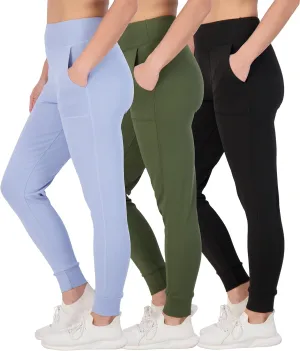 Real Essentials 3 Pack: Women's Joggers with Pockets - High Waist Workout Yoga Tapered Athletic Leggings (Available in Plus)