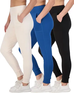 Real Essentials 3 Pack: Women's Joggers with Pockets - High Waist Workout Yoga Tapered Athletic Leggings (Available in Plus)