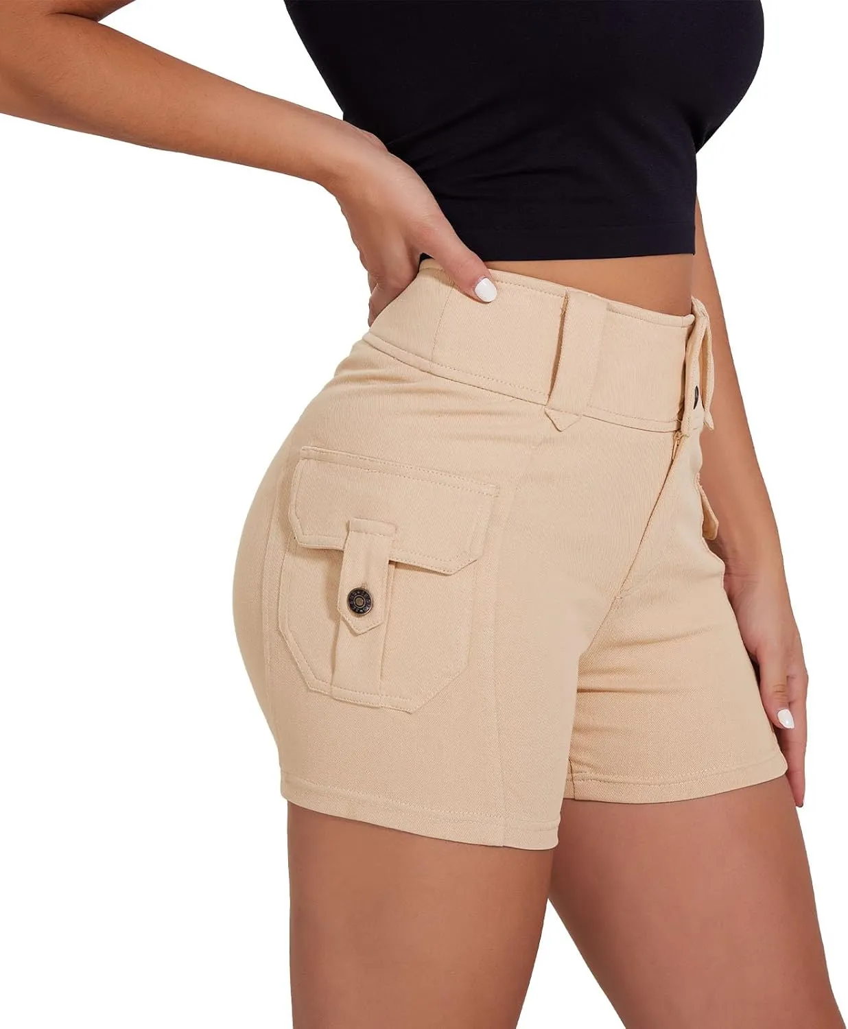 RIOJOY Women's Cargo Jean Shorts High Waisted Stretchy Skinny Denim Shorts with Flap Pockets