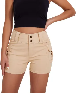 RIOJOY Women's Cargo Jean Shorts High Waisted Stretchy Skinny Denim Shorts with Flap Pockets