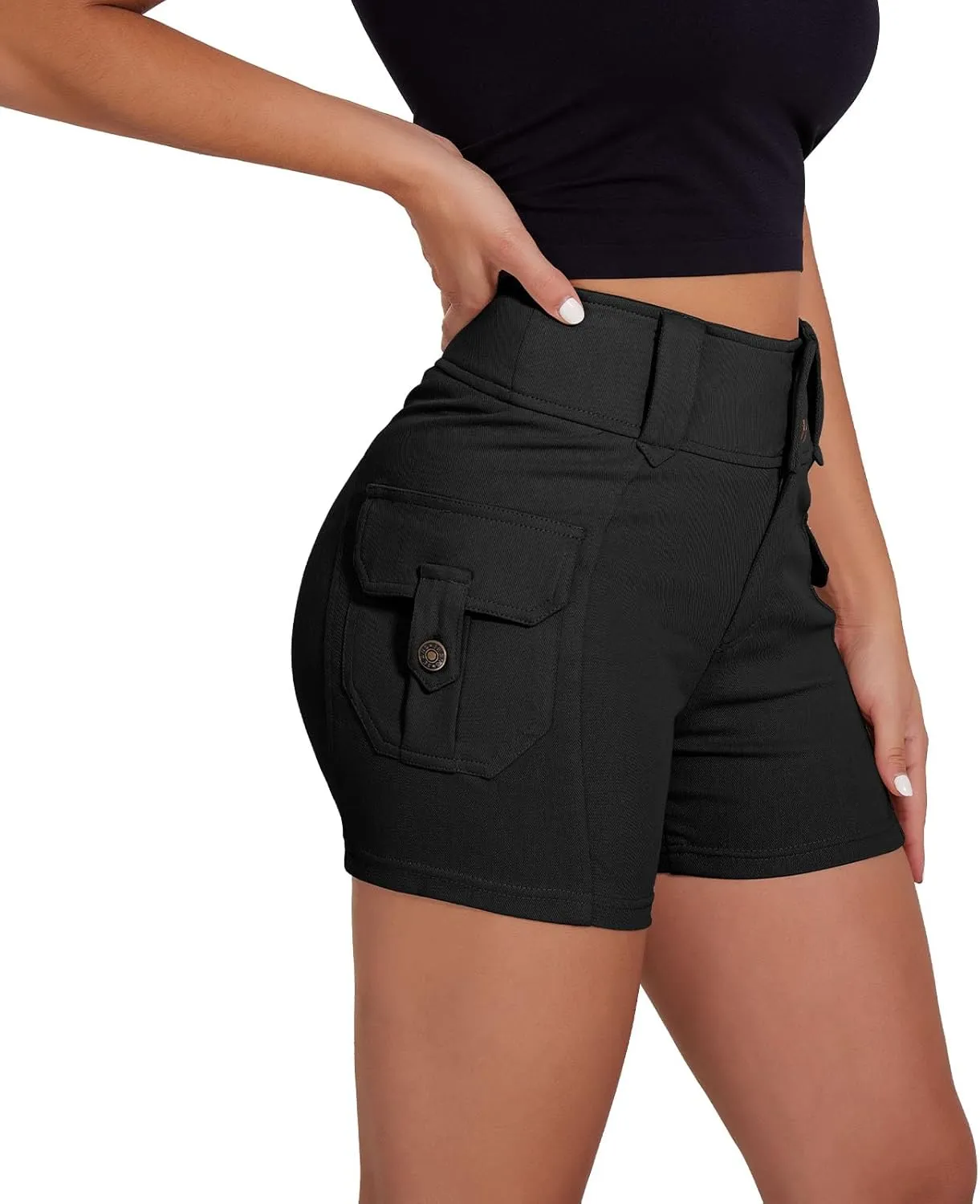RIOJOY Women's Cargo Jean Shorts High Waisted Stretchy Skinny Denim Shorts with Flap Pockets