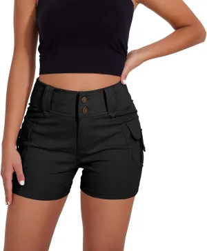 RIOJOY Women's Cargo Jean Shorts High Waisted Stretchy Skinny Denim Shorts with Flap Pockets