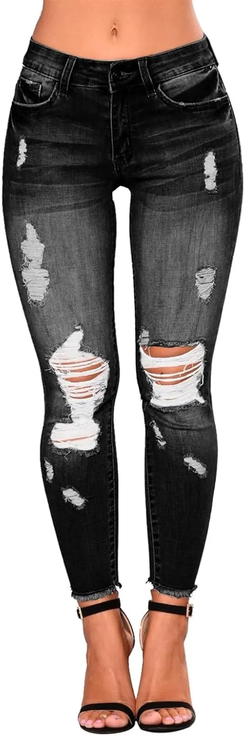 Ripped Jeans Womens Skinny Distressed Boyfriend Denim Pants Frayed Hem High Waisted Buttlifting Jeans Fall Fashion