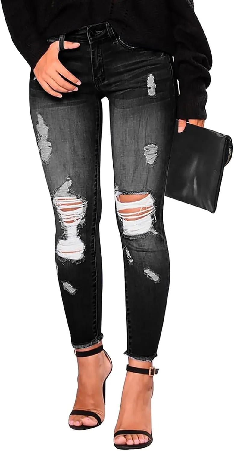 Ripped Jeans Womens Skinny Distressed Boyfriend Denim Pants Frayed Hem High Waisted Buttlifting Jeans Fall Fashion