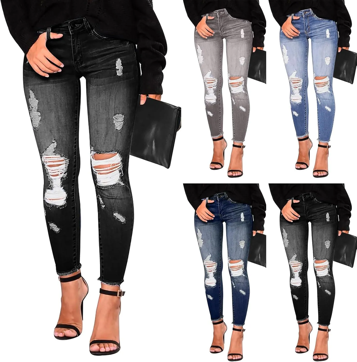 Ripped Jeans Womens Skinny Distressed Boyfriend Denim Pants Frayed Hem High Waisted Buttlifting Jeans Fall Fashion